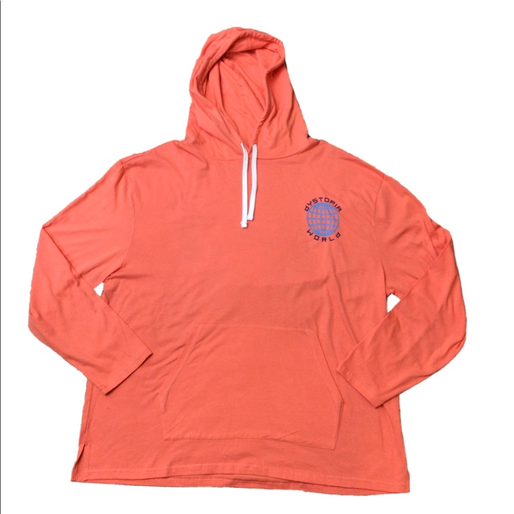 Arizona Jeans Co Mens Coral Orange Long Sleeve Tee Hoodie XL, pin hole in back.